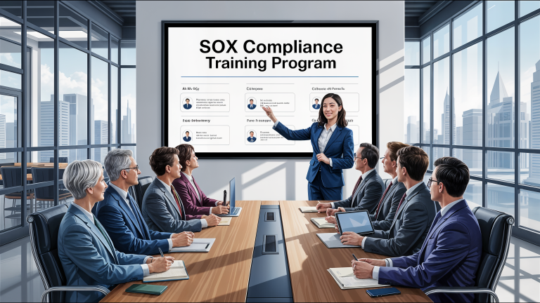 Business professionals in conference room discussing SOX compliance training program implementation with presenter