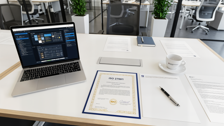 Professional business desk with laptop showing security compliance dashboard and ISO 27001 certificate, representing successful certification achievement.