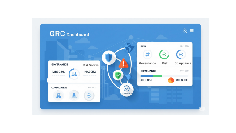 Professional dashboard interface displaying governance, risk and compliance (GRC) metrics with interconnected icons representing integrated GRC management platform