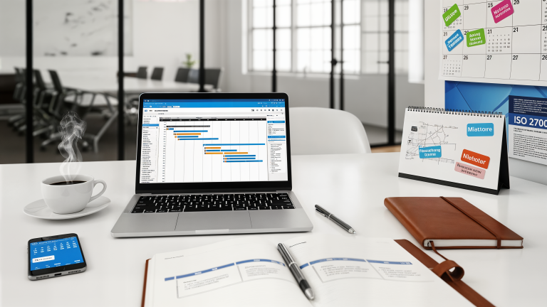 Professional project manager reviewing ISO 27001 certification timeline on laptop with calendar and milestone planning materials on organized desk
