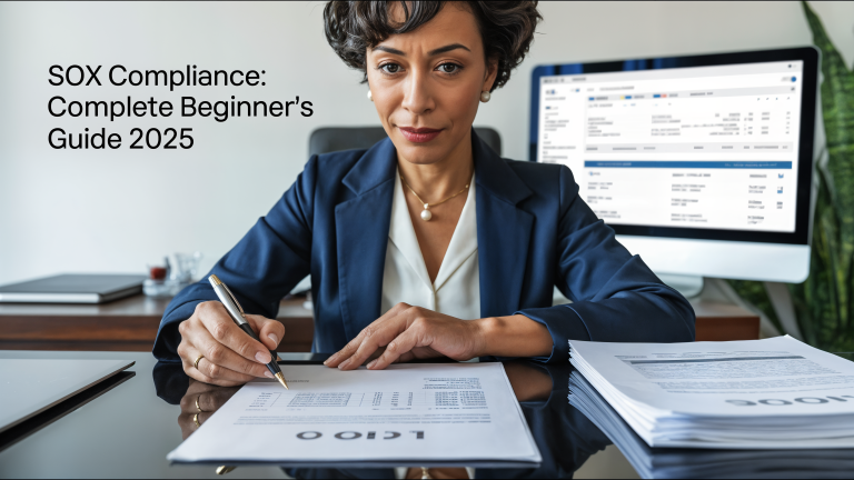 Professional executive at modern desk: Signing compliance certification documents Multiple financial reports and control documentation Computer showing audit management system Professional, trustworthy atmosphere.