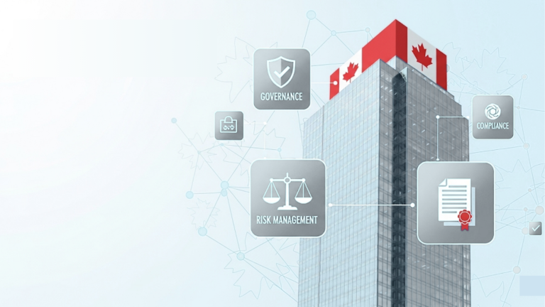 Canadian GRC compliance illustration showing office building with governance, risk and compliance icons representing federal and provincial regulatory frameworks