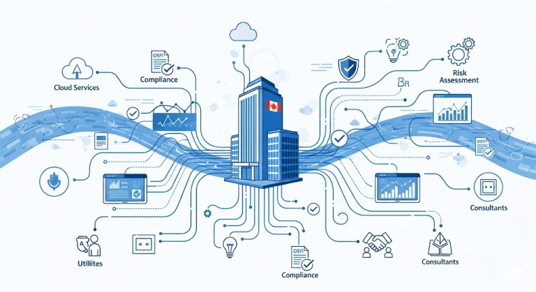 OSFI B-10 third party risk management framework illustration showing Canadian FRFI connected to multiple third-party providers with risk assessment and compliance monitoring elements