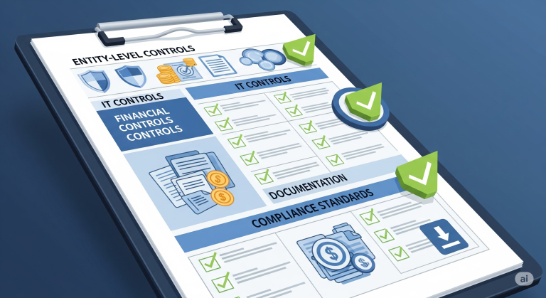 Professional SOX compliance checklist displayed on digital device with multiple compliance categories, checkboxes, and download icons representing comprehensive audit preparation templates