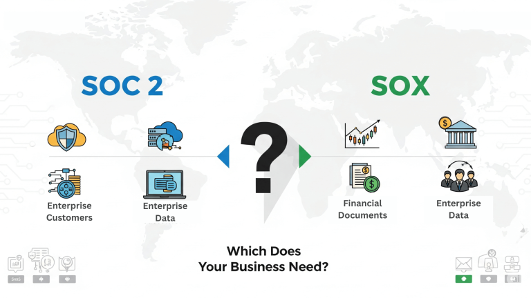 Professional infographic comparing SOC 2 vs SOX compliance frameworks with icons showing SOC 2 for service providers and cloud companies on the left, SOX for public companies and financial reporting on the right, with a central question mark asking which framework businesses need.