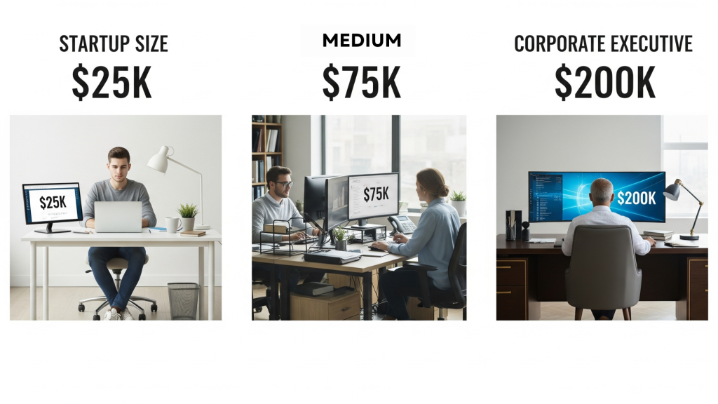 Three office workspaces showing ISO 27001 certification cost differences by company size from small businesses to large enterprises