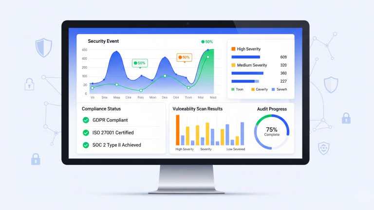 IT audit tools dashboard with security metrics and compliance data on computer screen