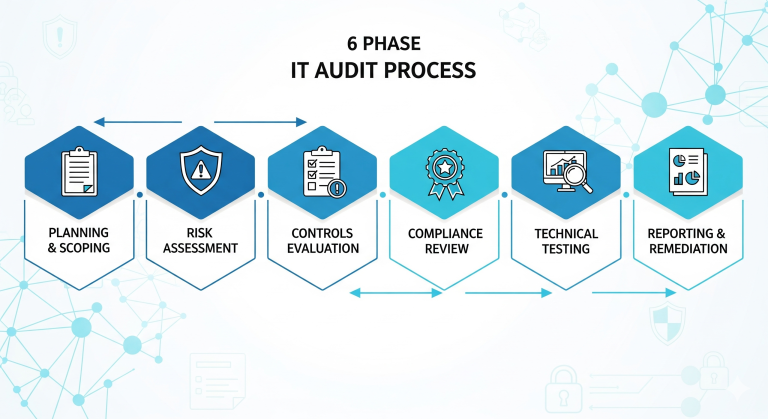 IT audit process workflow diagram showing six phases from planning to reporting