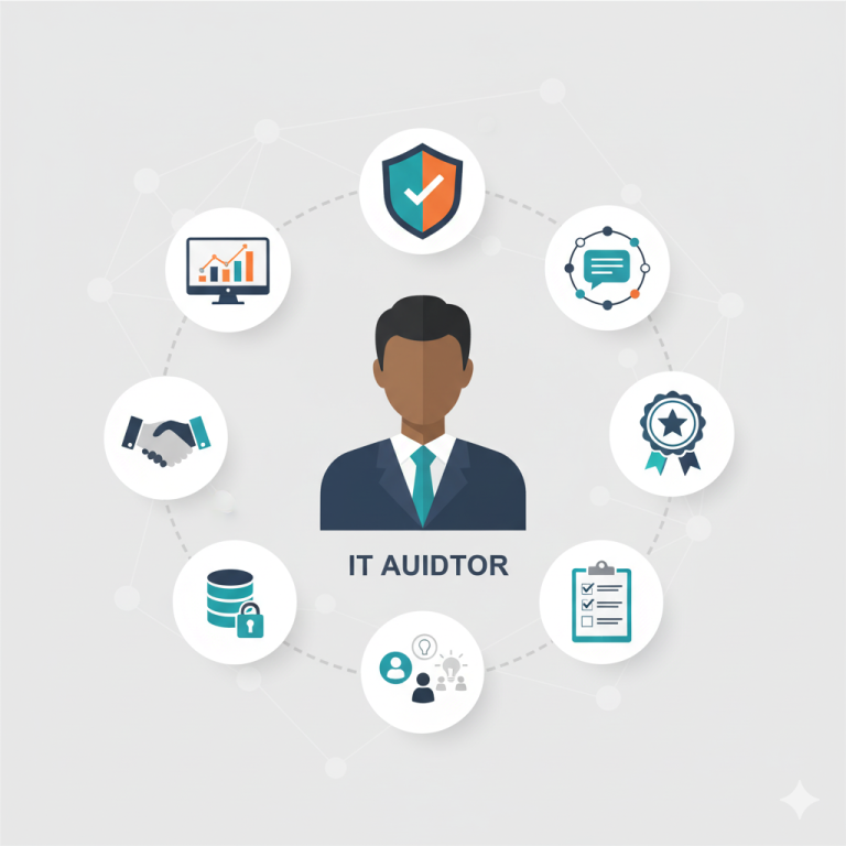 IT auditor skills icons including cybersecurity, analytics, and communication abilities