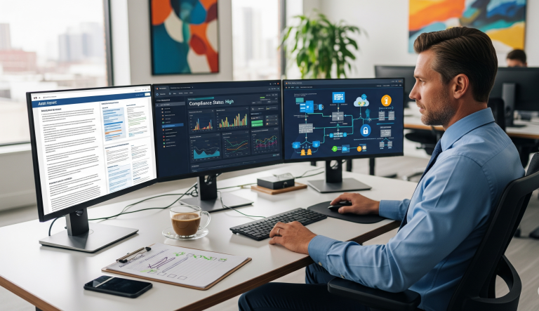 IT auditor job description - professional analyzing cybersecurity data on computer monitors