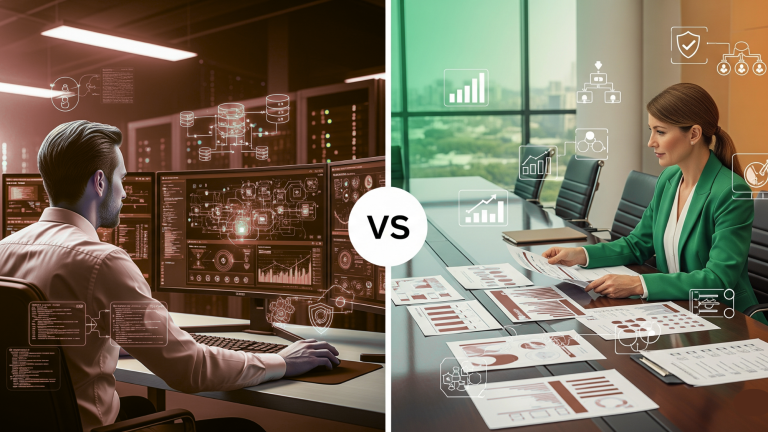 IT vs IS auditor comparison showing technical and business process specializations